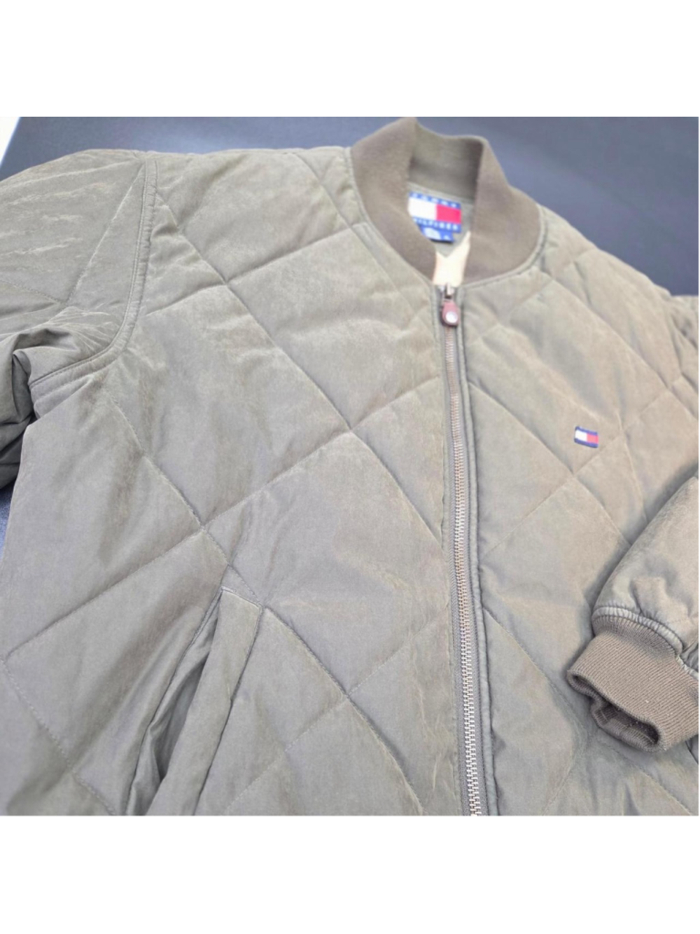 Vintage Tommy Hilfiger Quilted Bomber Jacket Olive Green Full Zip Men's Medium # - Picture 5 of 8